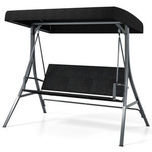 3-Person Porch Swing with Stand Outdoor Canopy Swing with Rattan Seat Back-Black