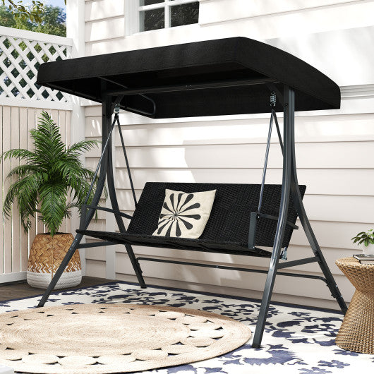 3-Person Porch Swing with Stand Outdoor Canopy Swing with Rattan Seat Back-Black