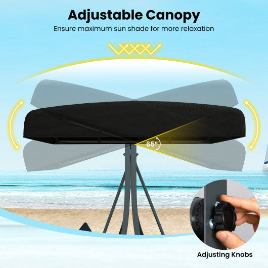 3-Person Porch Swing with Stand Outdoor Canopy Swing with Rattan Seat Back-Black