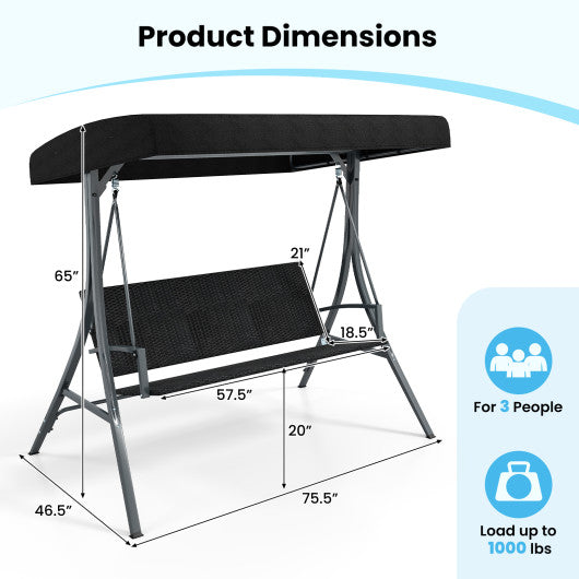 3-Person Porch Swing with Stand Outdoor Canopy Swing with Rattan Seat Back-Black