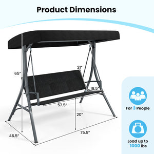 3-Person Porch Swing with Stand Outdoor Canopy Swing with Rattan Seat Back-Black