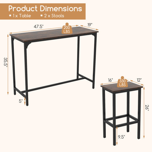 Industrial 3-Piece 47.5" Counter-Height Dining Table and 2 Bar Stools-Coffee