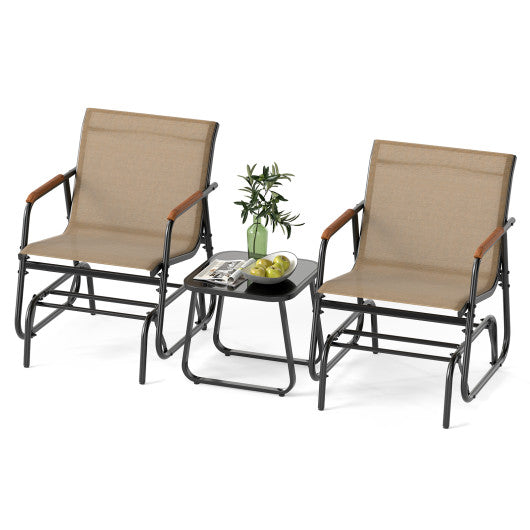 3-Piece Outdoor Glider Bistro Set with Tempered Glass Top and Metal Frame-Coffee