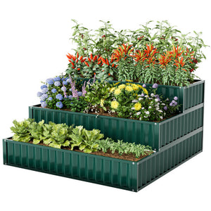Heavy-Duty Metal Outdoor 3-Tier Raised Garden Bed Planter Box-Green