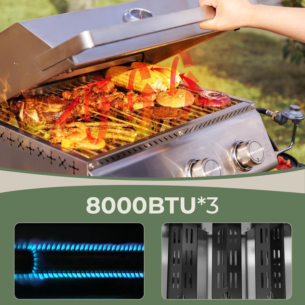 3-Burner Tabletop Portable Propane Gas Grill with Detachable Griddle,24,000 BTU Compact Outdoor BBQ TG0130K