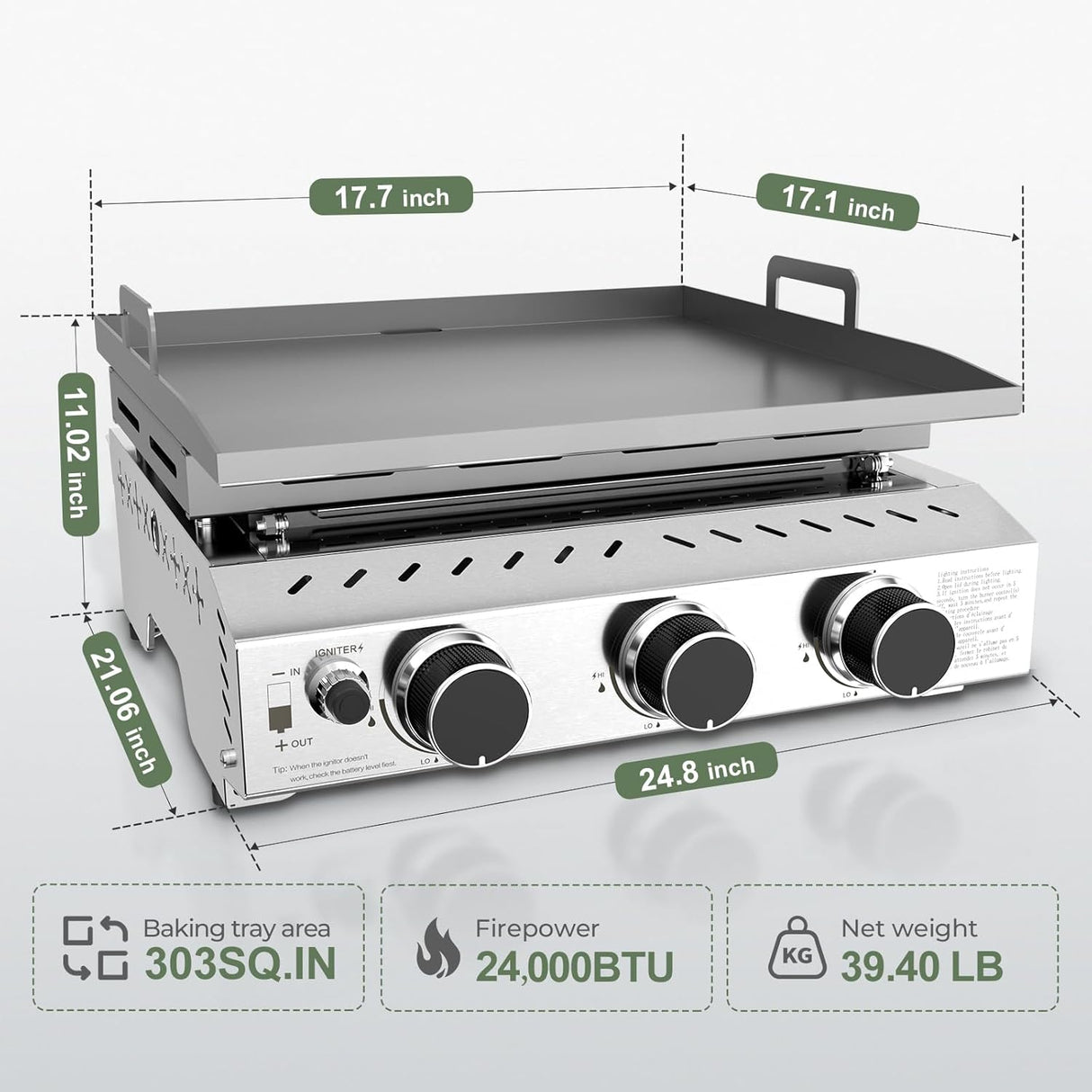 3 Burners Portable Propane Griddle，25 inch Stainless Steel Gas Grill，24,000 BTU Table Top Grill TG0130C