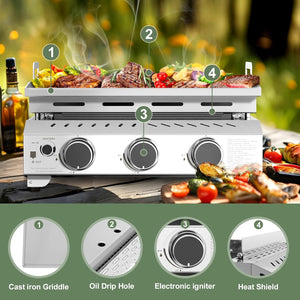3 Burners Portable Propane Griddle，25 inch Stainless Steel Gas Grill，24,000 BTU Table Top Grill TG0130C