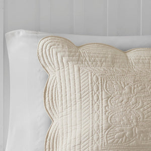 3 Pc Antimicrobial Cream Reversible Scalloped Edge Quilt Set