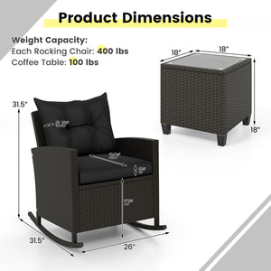 3-Piece Patio Rattan Roker Chairs with Tempered Glass Table and Soft Cushions-Black