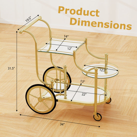 3-Tier Home Bar Serving Cart on Wheels with Mirrored Shelves-Golden