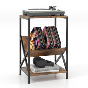 3-Tier Industrial Side Table with V-shaped Bookshelf for Living Room-Rustic Brown
