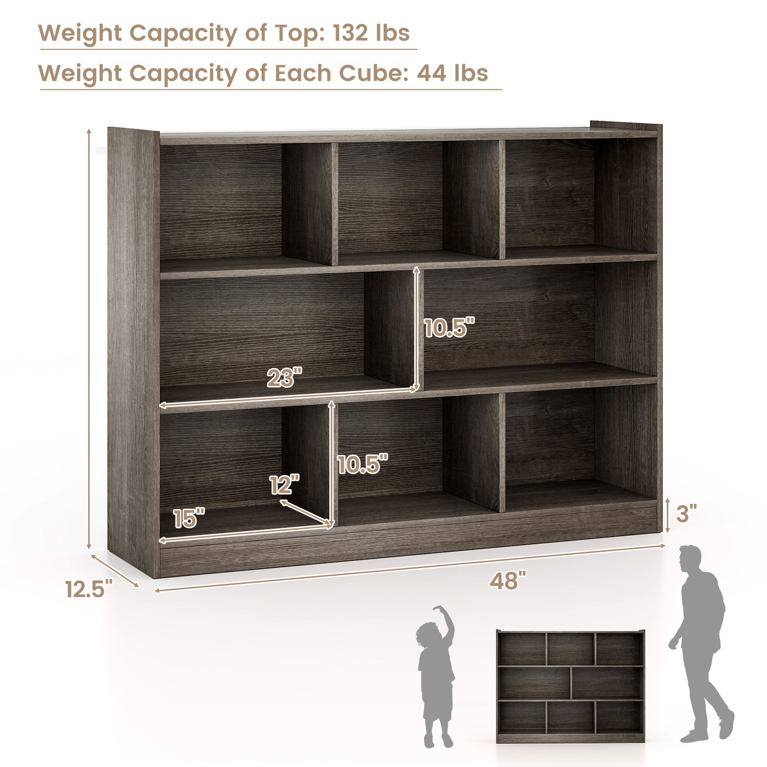 3-Tier Open Bookcase 8-Cube Floor Standing Storage Shelves Display Cabinet-Gray