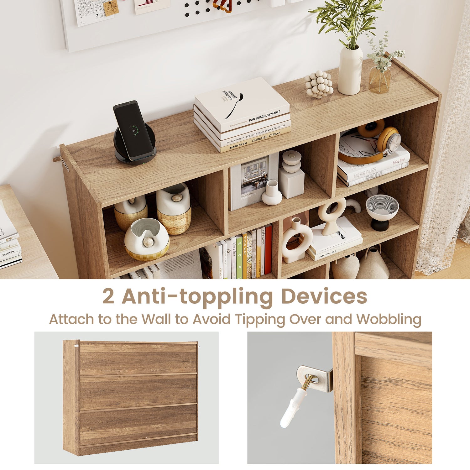 3-Tier Open Bookcase 8-Cube Floor Standing Storage Shelves-Natural