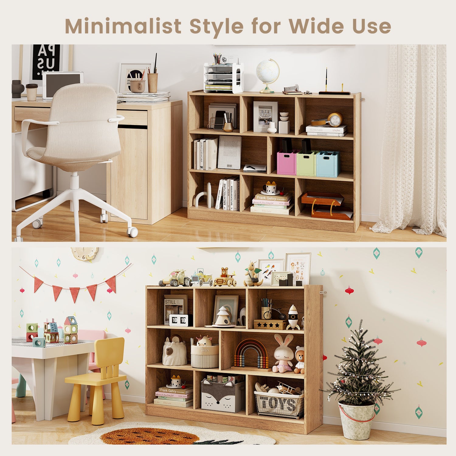 3-Tier Open Bookcase 8-Cube Floor Standing Storage Shelves-Natural