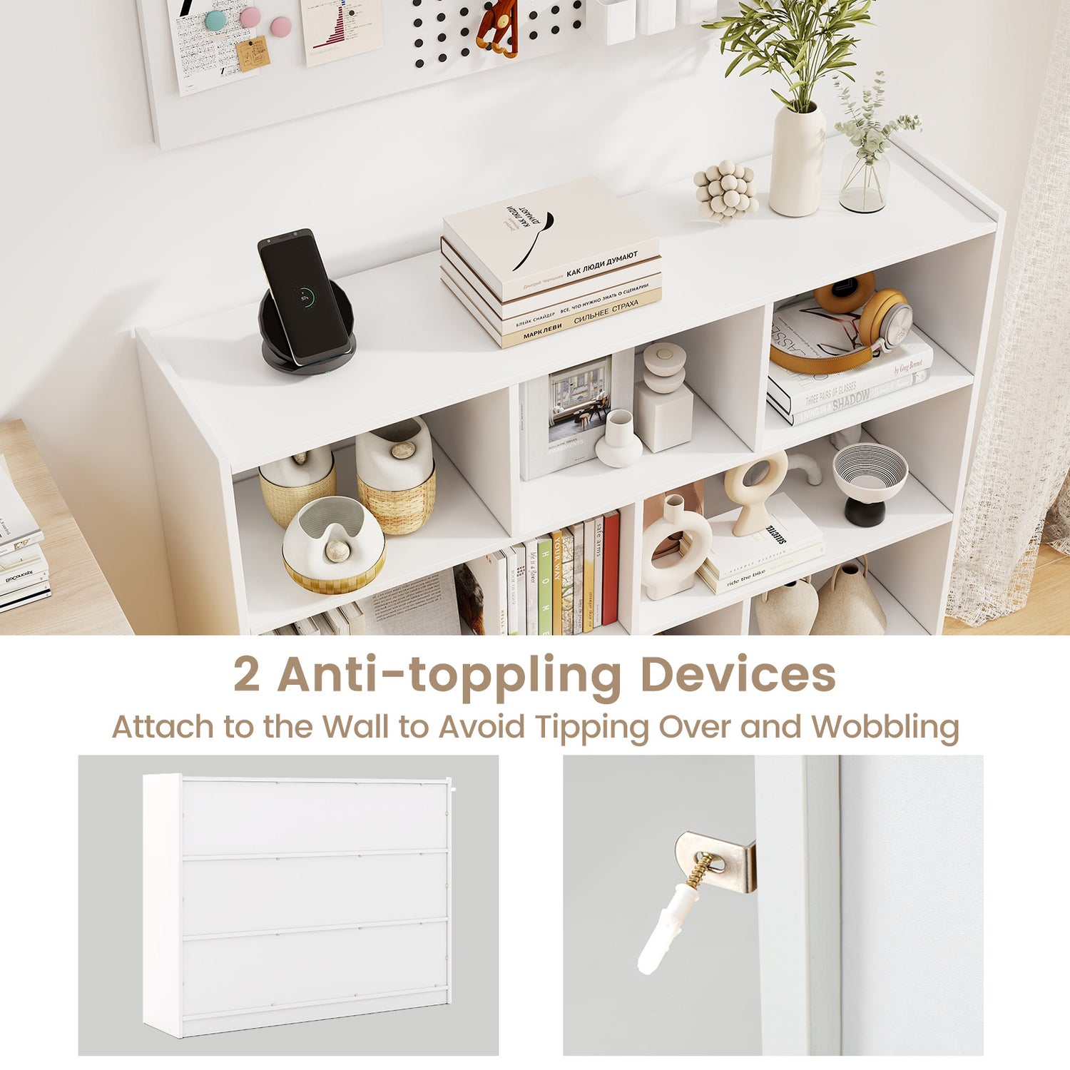 3-Tier Open Bookcase 8-Cube Floor Standing Storage Shelves Display Cabinet-White