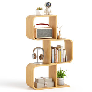 3-Tier S-Shaped Bookcase with 3 Open Cubes for Living Room-Natural