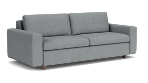The Reva Storage Sofa is a contemporary light gray fabric sofa showcasing a minimalist design with square armrests and wooden legs. It includes two seat cushions and two backrest cushions.