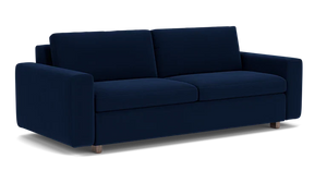 Introducing the Reva Storage Sofa, a contemporary piece in dark blue featuring dual seat and backrest cushions set against a sleek black backdrop. It boasts wooden legs and comfortable padded armrests for an elegant yet cozy addition to any space.