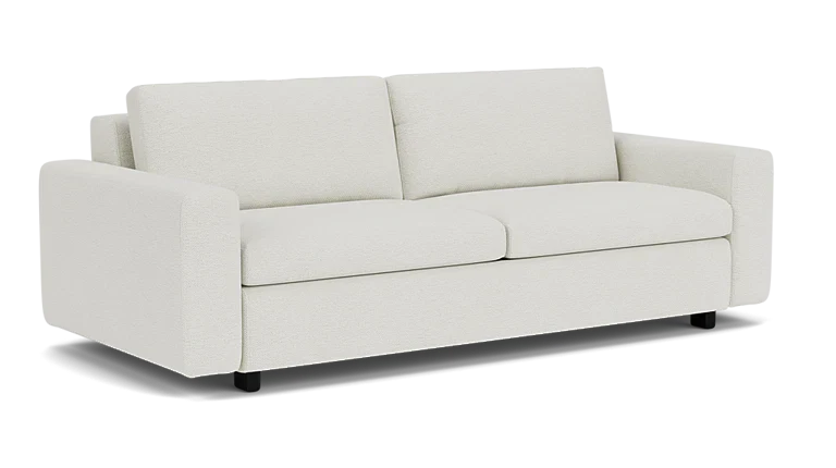 Introducing the Reva Storage Sofa: a modern, minimalist white seating option featuring two large back cushions and wide armrests. Its clean, sleek design rests on short black legs, perfectly contrasting with a plain black background.