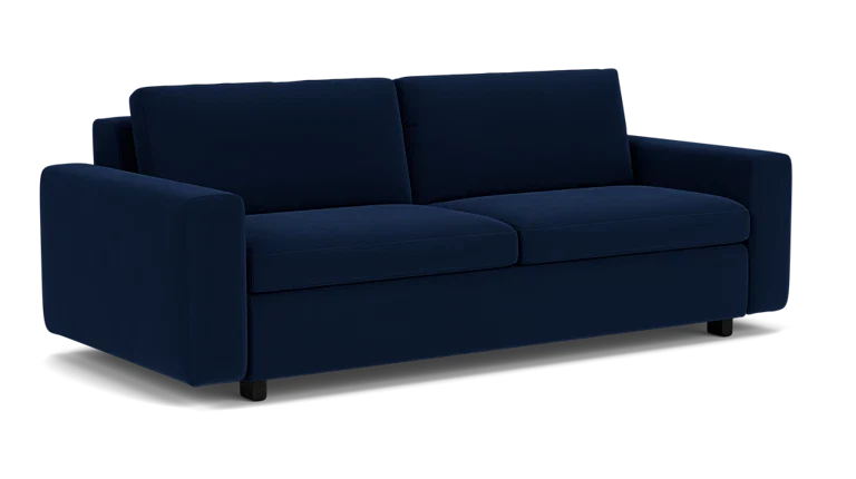 Introducing the Reva Storage Sofa: a dark blue, minimalist two-seater featuring cushioned armrests and backrest, along with two comfortable seat cushions. This sleek, modern sofa is supported by short black legs, offering both style and functionality.