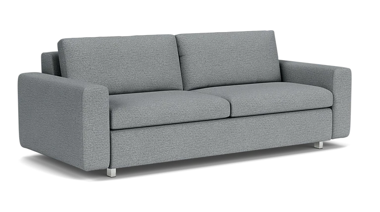 Product Description: The Reva Storage Sofa is a contemporary gray upholstered couch featuring two seat cushions and two back cushions. It boasts square armrests and short metallic legs, all set against a plain background.