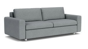 Product Description: The Reva Storage Sofa is a contemporary gray upholstered couch featuring two seat cushions and two back cushions. It boasts square armrests and short metallic legs, all set against a plain background.