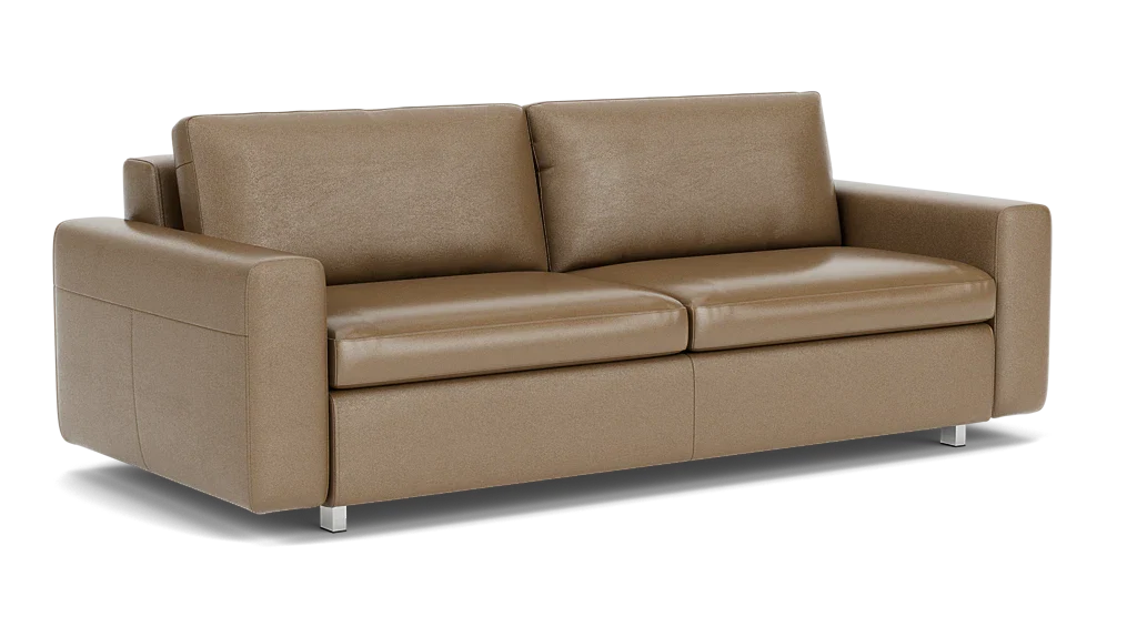 The Reva Storage Sofa features a contemporary design with brown leather upholstery, two seat cushions, and two back cushions. It includes armrests and rests on four short metal legs, offering a smooth finish and minimalist appeal.