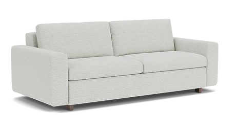 Introducing the Reva Storage Sofa: a modern piece in light gray featuring clean lines and two seat cushions. Its minimalist design is highlighted by square armrests and wooden legs, offering a contemporary look perfect for various interior styles.