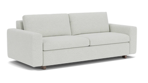 Introducing the Reva Storage Sofa: a two-seater in light gray, offering clean lines and plush cushions. This design is characterized by simple rectangular armrests and dark wooden legs.