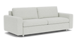The Reva Storage Sofa is a modern piece in light gray, featuring two large cushions and armrests. It stands on short metal legs with a minimalist design that exudes comfort.