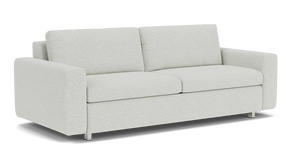 The Reva Storage Sofa is a modern piece in light gray, featuring two large cushions and armrests. It stands on short metal legs with a minimalist design that exudes comfort.