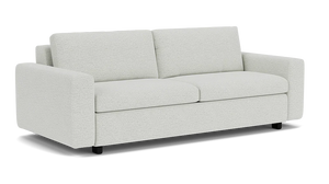 The Reva Storage Sofa is a light gray, two-seater with plush cushions and straight arms. It features a modern design with a textured fabric finish, and rests on low, dark wooden legs. The plain backdrop accentuates the sofa's elegance.