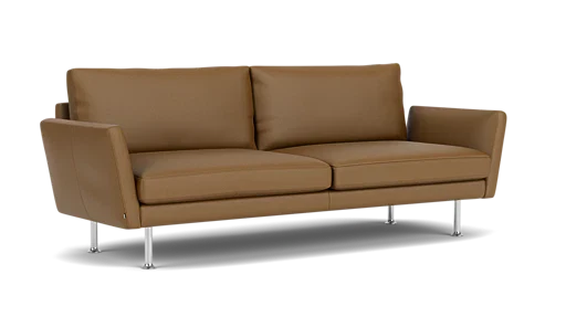 Form Sofa 92" is a contemporary brown leather sofa featuring two cushions and stylish metal legs, set against a white backdrop.