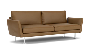 Form Sofa 92" is a contemporary brown leather sofa featuring two cushions and stylish metal legs, set against a white backdrop.