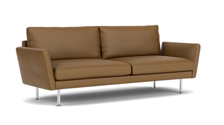 Form Sofa 92" is a contemporary brown leather sofa featuring two cushions and stylish metal legs, set against a white backdrop.