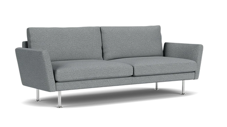 The Form 92" Sofa, featuring a sleek gray design with a modern aesthetic, comes with two cushions and metal legs. It is set against a plain black background and includes straight armrests.