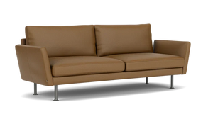 Introducing the Form Sofa 92" – a contemporary brown leather sofa featuring two cushion seats and backrests. It boasts sleek armrests and is supported by four metallic legs, making it an ideal choice for modern living spaces with its minimalist design.