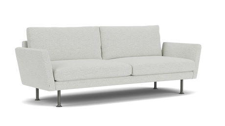 The Form 92" Sofa is a modern and minimalist piece in light gray, featuring two seat cushions and two back cushions. It boasts angled armrests and slender metal legs, delivering a sleek and contemporary appearance.
