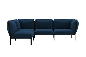 The Kumo Corner Sofa Left with Armrest features a dark blue, modern design with a minimalist appeal, set on a black metal frame. This sofa consists of multiple cushioned seats and has a corner layout that is perfect for a contemporary living room. It is showcased against a plain white background.