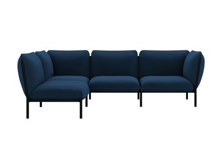 The Kumo Corner Sofa Left with Armrest features a dark blue, modern design with a minimalist appeal, set on a black metal frame. This sofa consists of multiple cushioned seats and has a corner layout that is perfect for a contemporary living room. It is showcased against a plain white background.