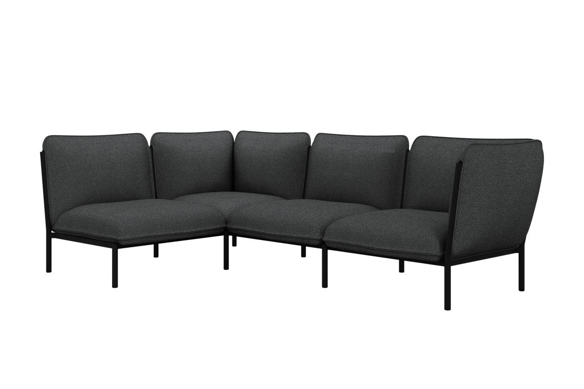 The Kumo Corner Sofa Left with Armrest is a modern dark gray sectional with five cushioned seats and a minimalist black metal frame. Its sleek design features slightly angled backrests, making it ideal for contemporary interior settings.