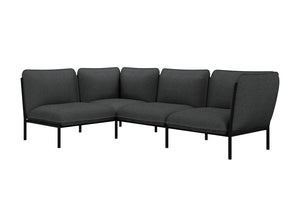 The Kumo Corner Sofa Left with Armrest is a modern dark gray sectional with five cushioned seats and a minimalist black metal frame. Its sleek design features slightly angled backrests, making it ideal for contemporary interior settings.