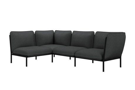 The Kumo Corner Sofa Left with Armrest is a modern dark gray sectional with five cushioned seats and a minimalist black metal frame. Its sleek design features slightly angled backrests, making it ideal for contemporary interior settings.