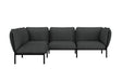 The Kumo Corner Sofa Left with Armrest features a modern design with dark gray upholstery and sleek black legs. Its L-shaped modular configuration showcases simple, clean lines, making it an ideal fit for a contemporary interior setting.