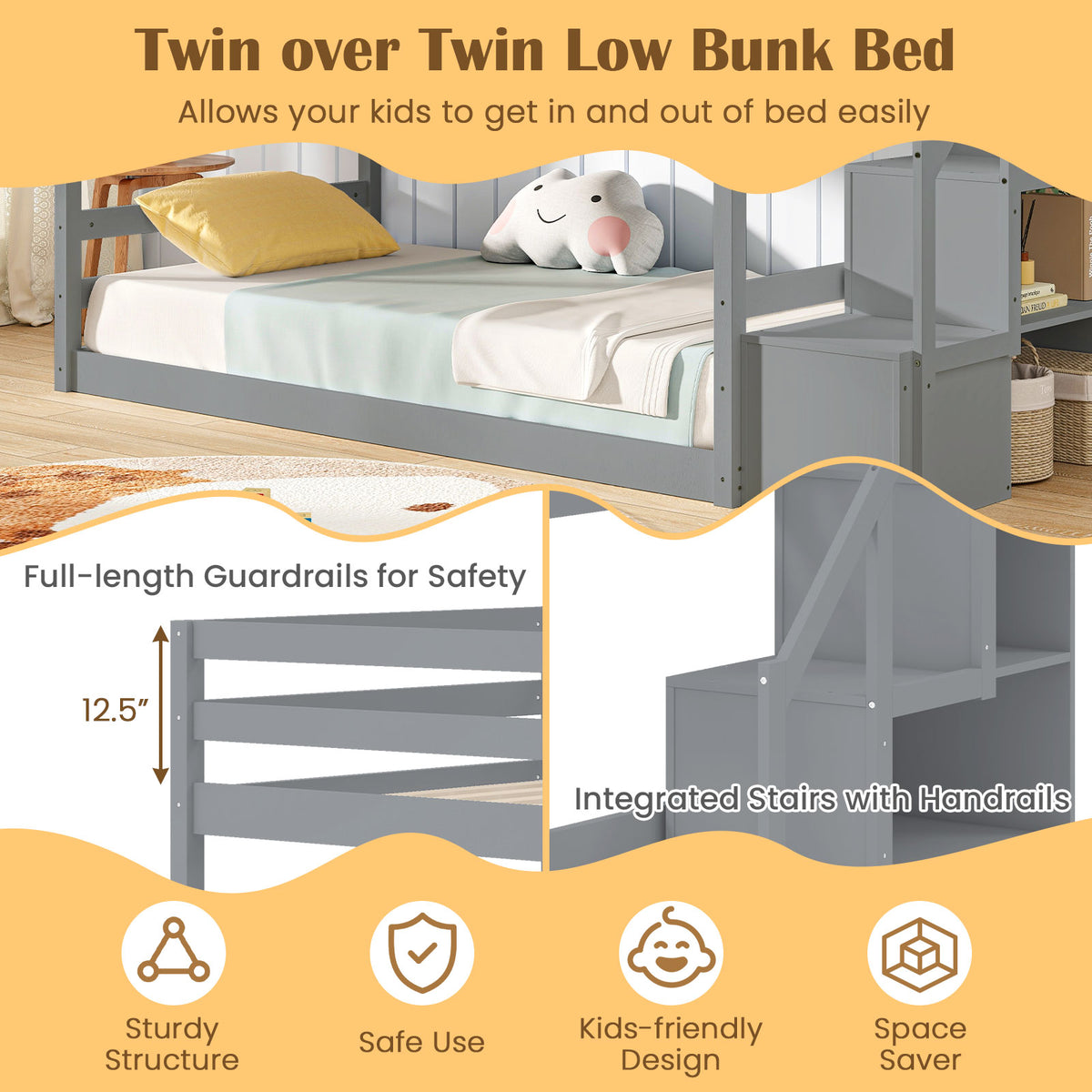 Twin Over Twin Low Bunk Bed with Storage Stairs Solid Wood Floor Bunk Bed Frame-Gray