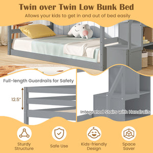 Twin Over Twin Low Bunk Bed with Storage Stairs Solid Wood Floor Bunk Bed Frame-Gray