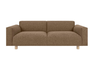 Introducing the Koti 2-seater Sofa: a modern brown upholstered piece with textured fabric and elegant wooden legs. Its minimalist design includes two seat cushions and sleek, streamlined sides without visible armrests, all set against a plain white background.