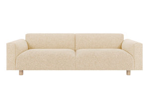Introducing the Koti 3-seater Sofa: a modern and minimalist seating option in beige, featuring a speckled texture, wide armrests, and round wooden legs that exude simplistic style.