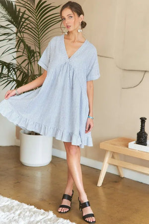 Ruffled Hem Striped V-Neck Babydoll Dress For Summer – Playful, Feminine, Fluttering, Stylish, Effortlessly Chic