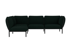 Introducing the Kumo Corner Sofa Left with Armrest: This dark green, L-shaped sectional sofa features a minimalist design with black metal legs. It includes plush cushions and is arranged in a corner layout.
